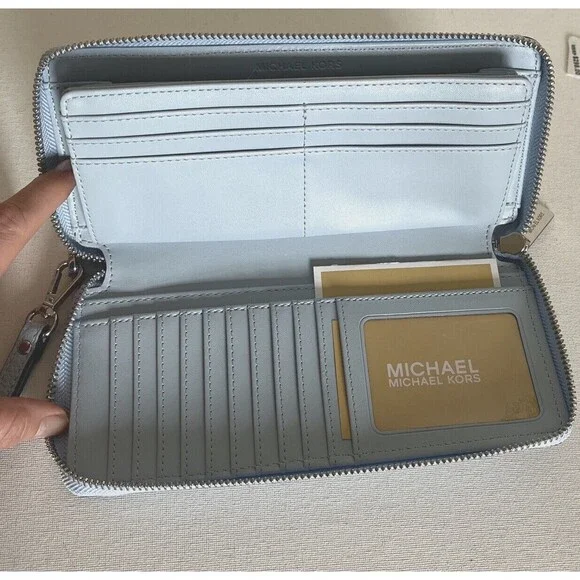 New Michael Kors Jet Set Large Travel Continental Wallet Leather Pale Ocean - Picture 4 of 5